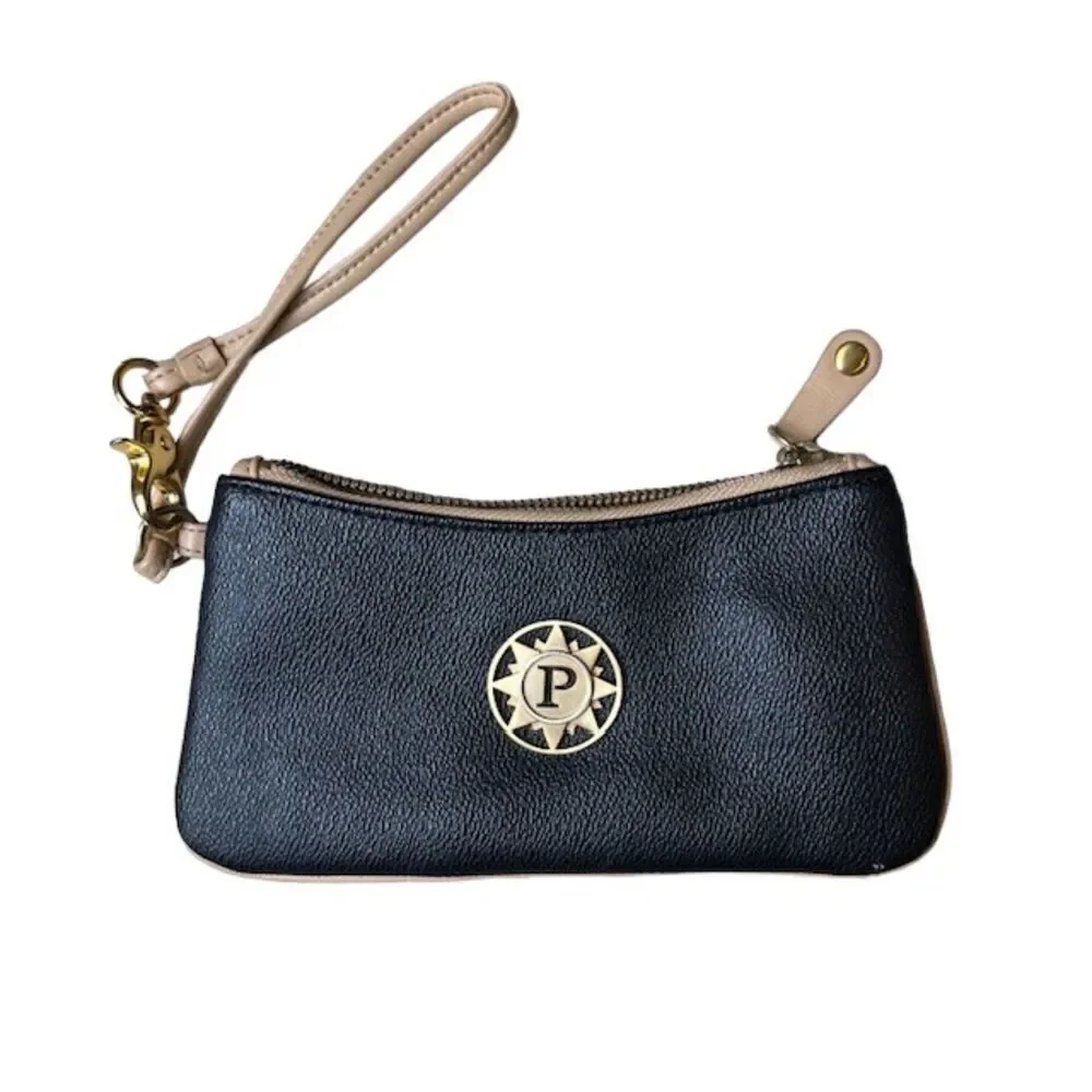 Parazul Wristlet Black with Tan. Gold Hardware Blue interior